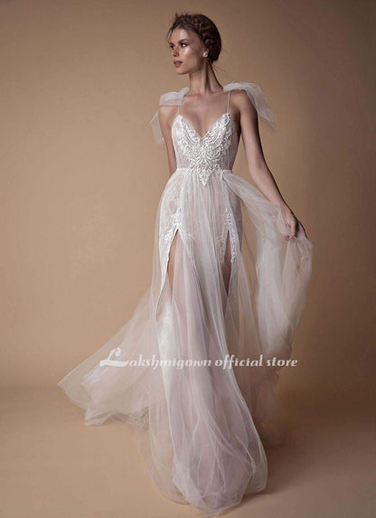 Formal A Line Tulle Bridal Gown Long Beach Wedding Dresses - ROYCEBRIDAL OFFICIAL STORE