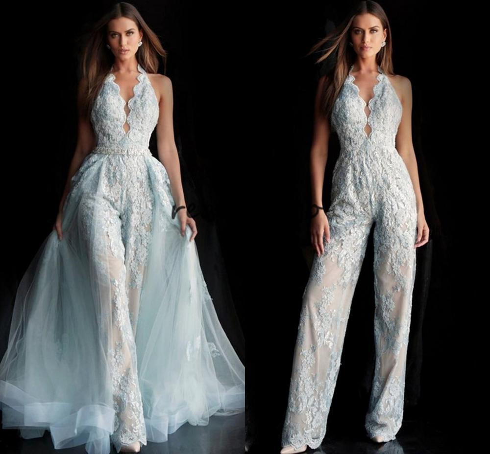 Full Lace Applique Bridal Jumpsuit With Detachable Train 2020 Halter Backless Summer Holiday Wedding Jumpsuit Dress white dress