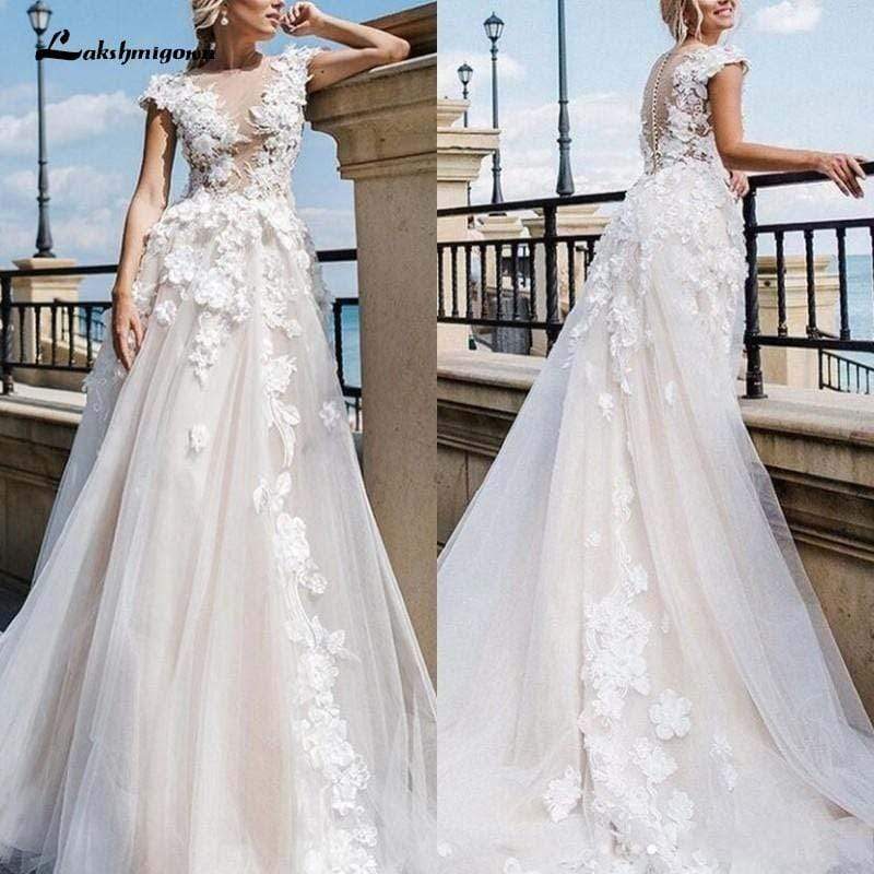 Gorgeous Appliques Lace Cap Sleeve Wedding Dresses
