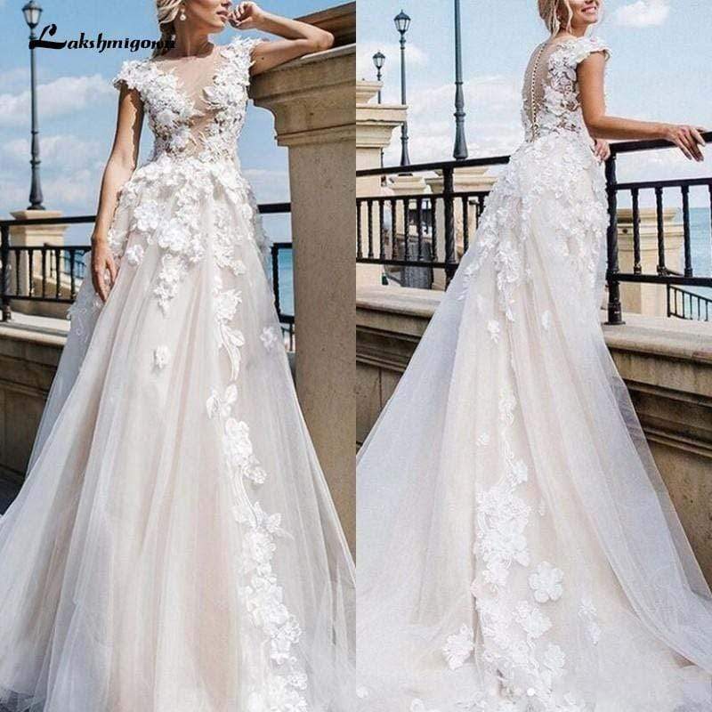 Gorgeous Appliques Lace Cap Sleeve Wedding Dresses - ROYCEBRIDAL OFFICIAL STORE