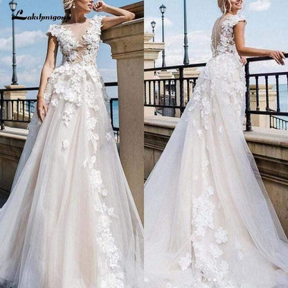 Gorgeous Appliques Lace Cap Sleeve Wedding Dresses - ROYCEBRIDAL OFFICIAL STORE