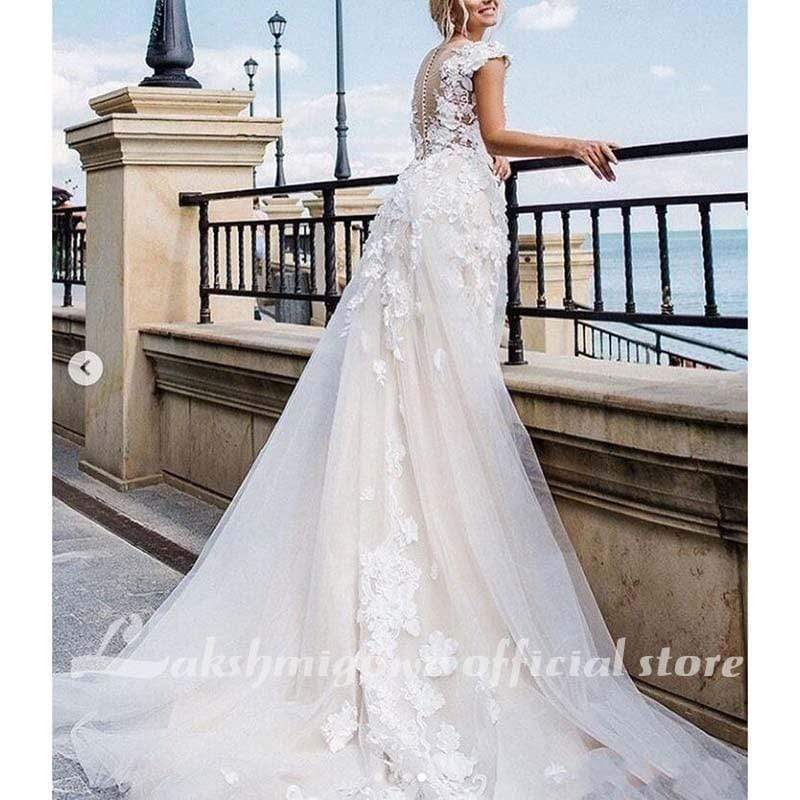 Gorgeous Appliques Lace Cap Sleeve Wedding Dresses - ROYCEBRIDAL OFFICIAL STORE