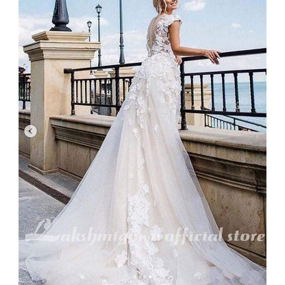 Gorgeous Appliques Lace Cap Sleeve Wedding Dresses - ROYCEBRIDAL OFFICIAL STORE