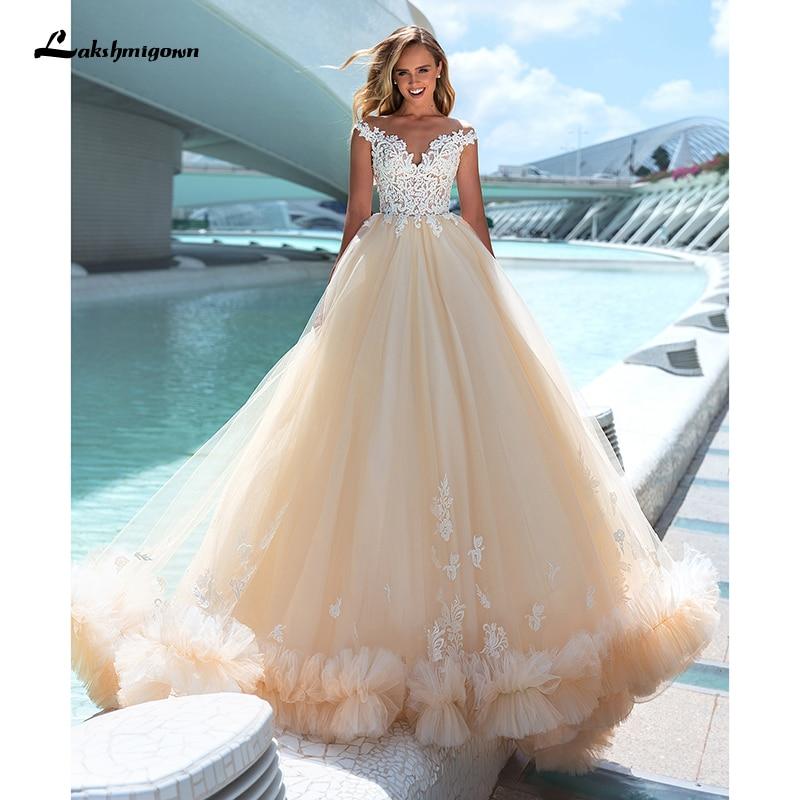 Gorgeous Champagne Wedding Dresses Lace 3D Floral Flowers - ROYCEBRIDAL OFFICIAL STORE