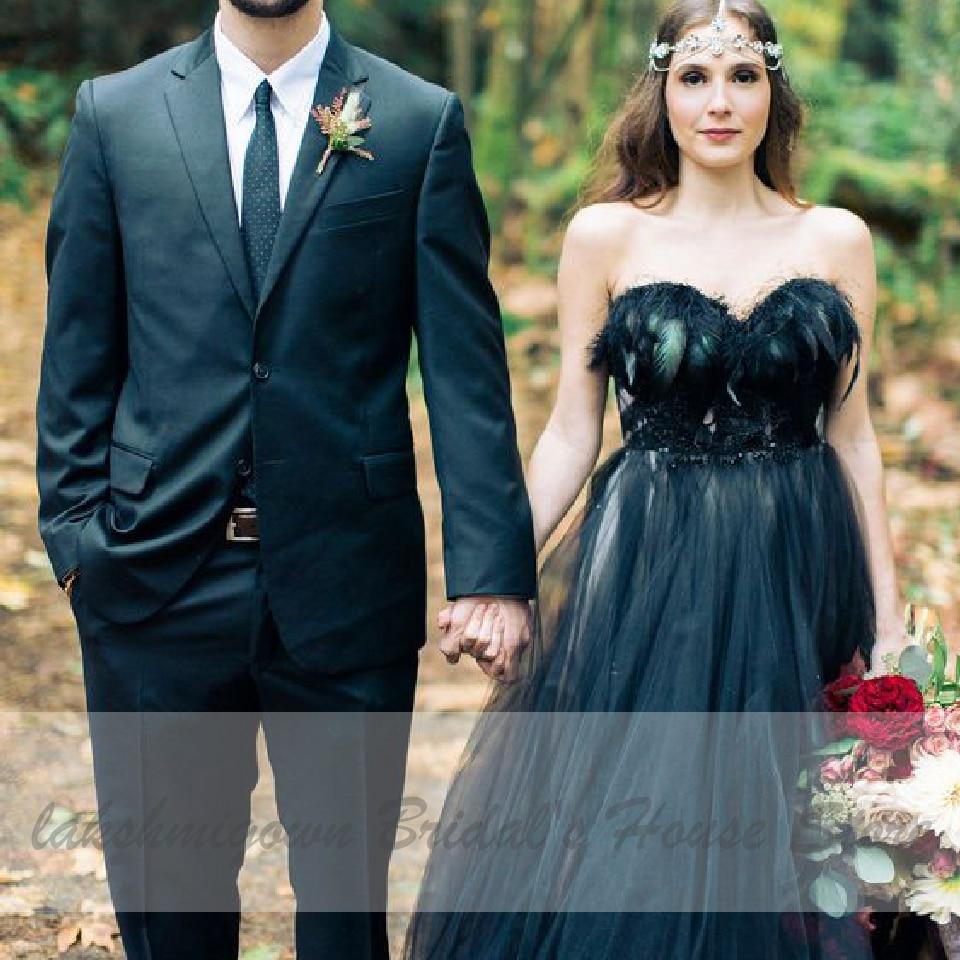 Gothic Black Feather Wedding Dress Lace Up Back Off Shoulder