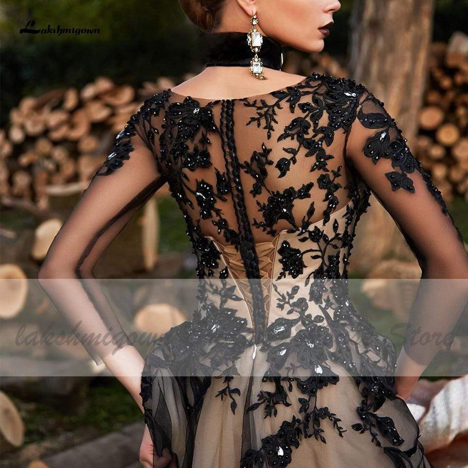 Gothic Black Long Sleeve Wedding Gowns A Line - ROYCEBRIDAL OFFICIAL STORE