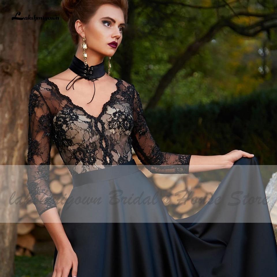 Gothic Black Satin Wedding Dress 3/4 Sleeves - ROYCEBRIDAL OFFICIAL STORE