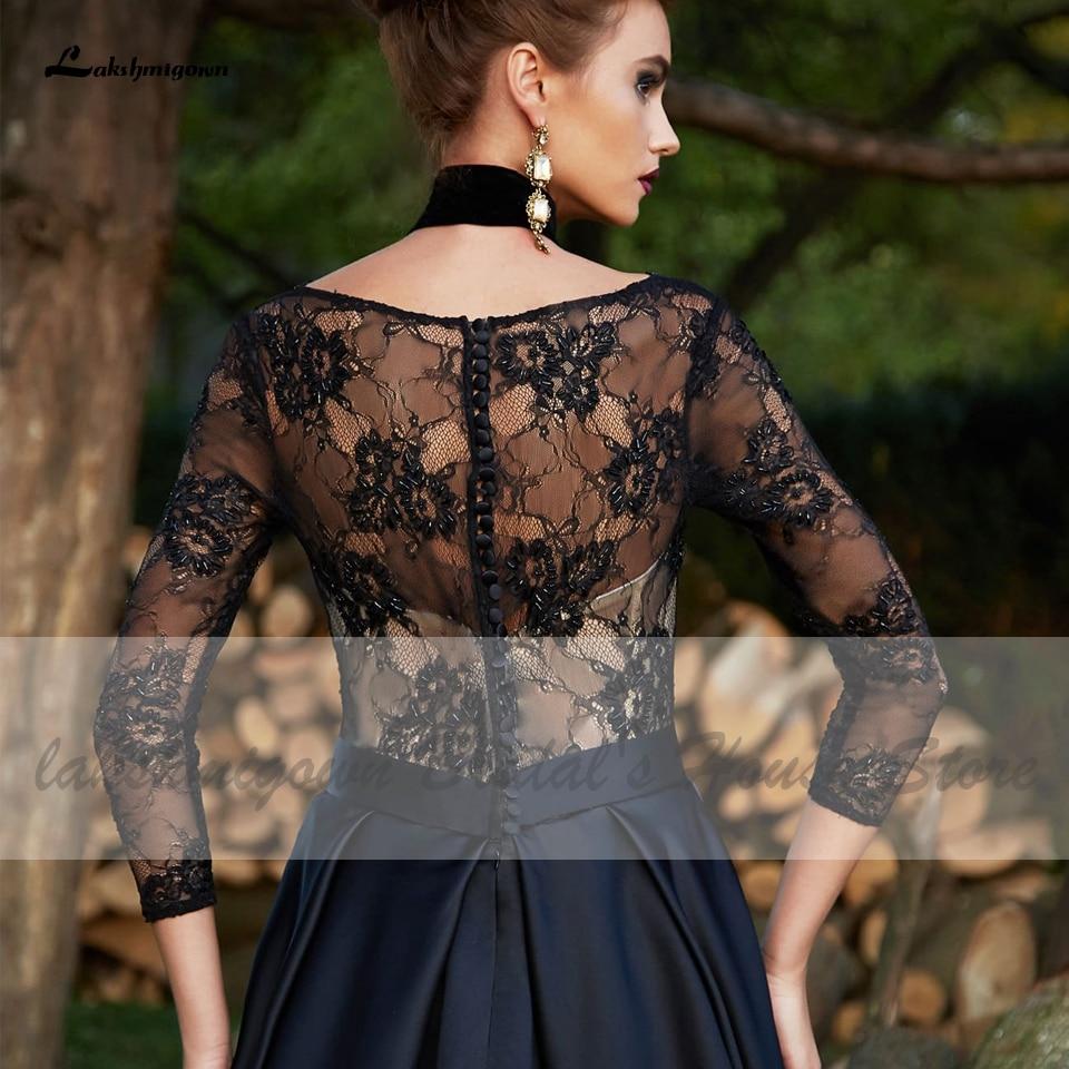 Gothic Black Satin Wedding Dress 3/4 Sleeves