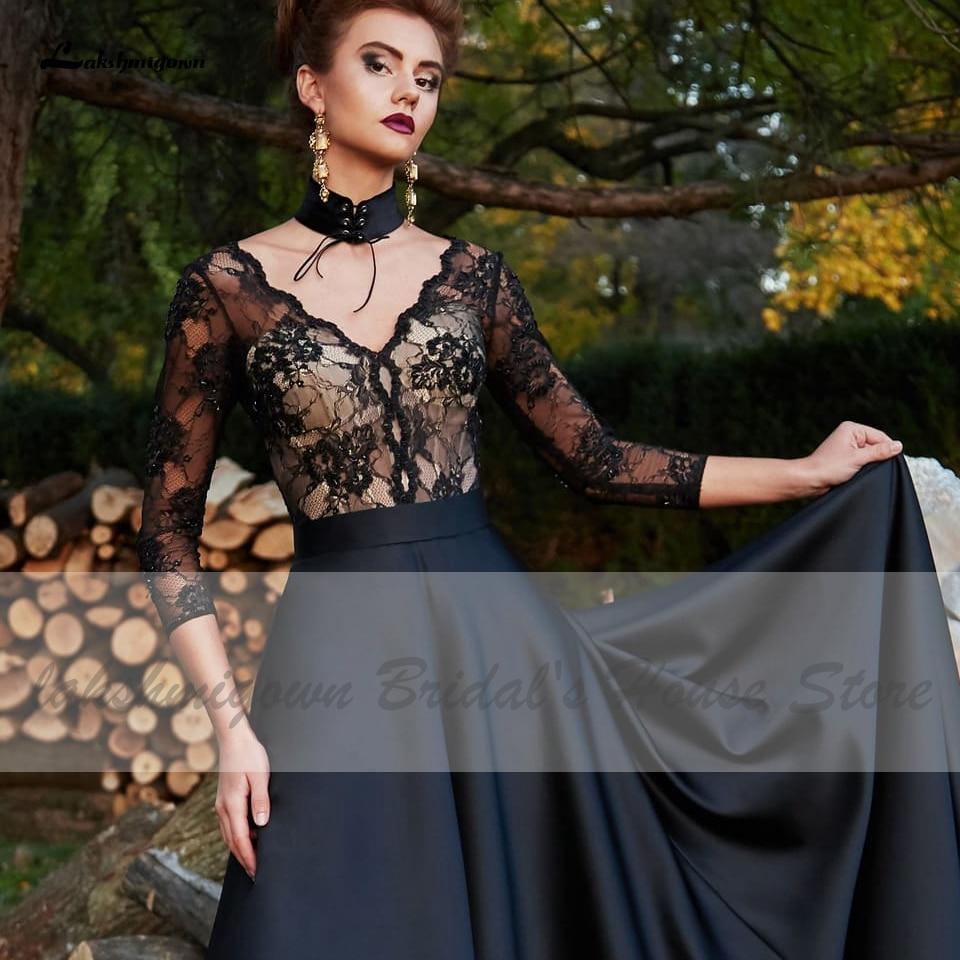 Gothic Black Satin Wedding Dress 3/4 Sleeves - ROYCEBRIDAL OFFICIAL STORE