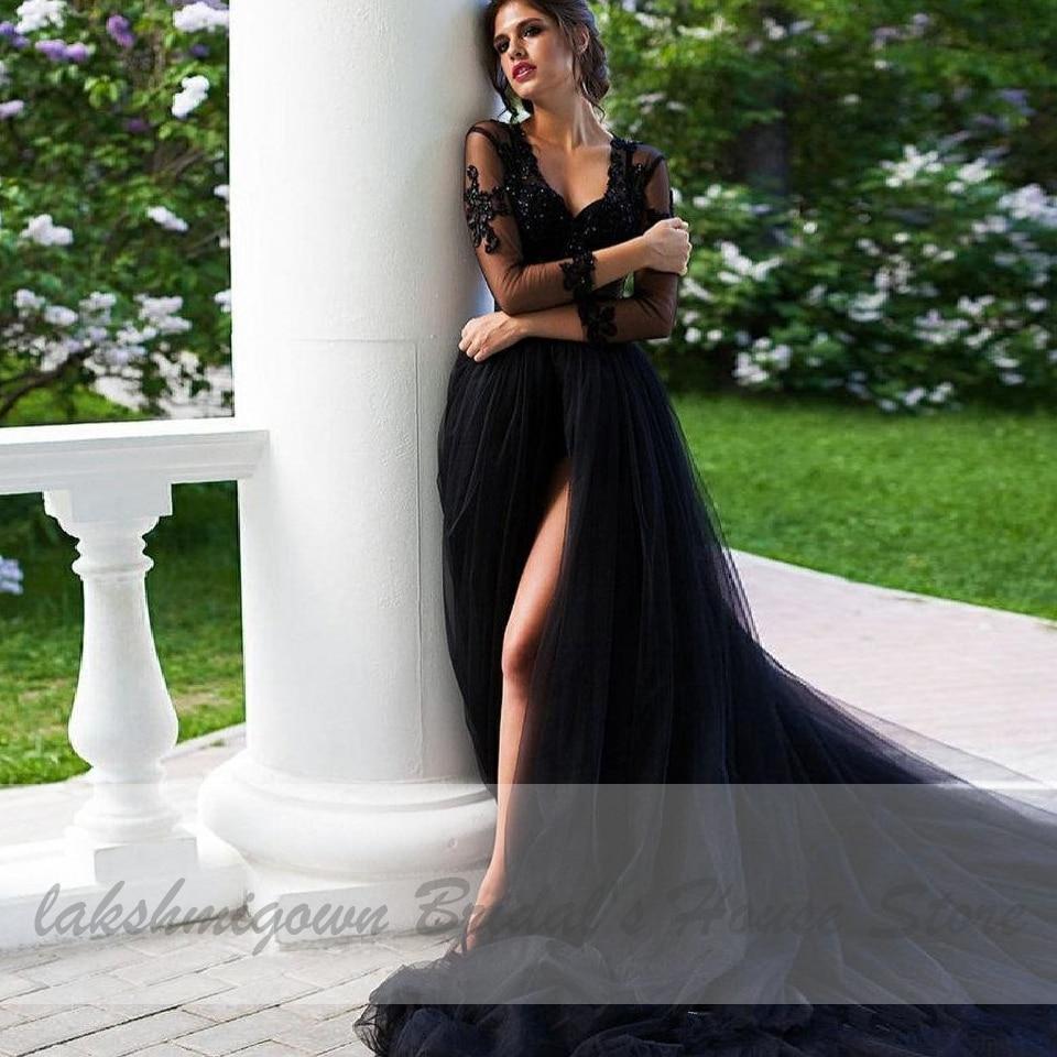 Gothic Black Wedding Dress with Sleeves Sexy Bridal Dress