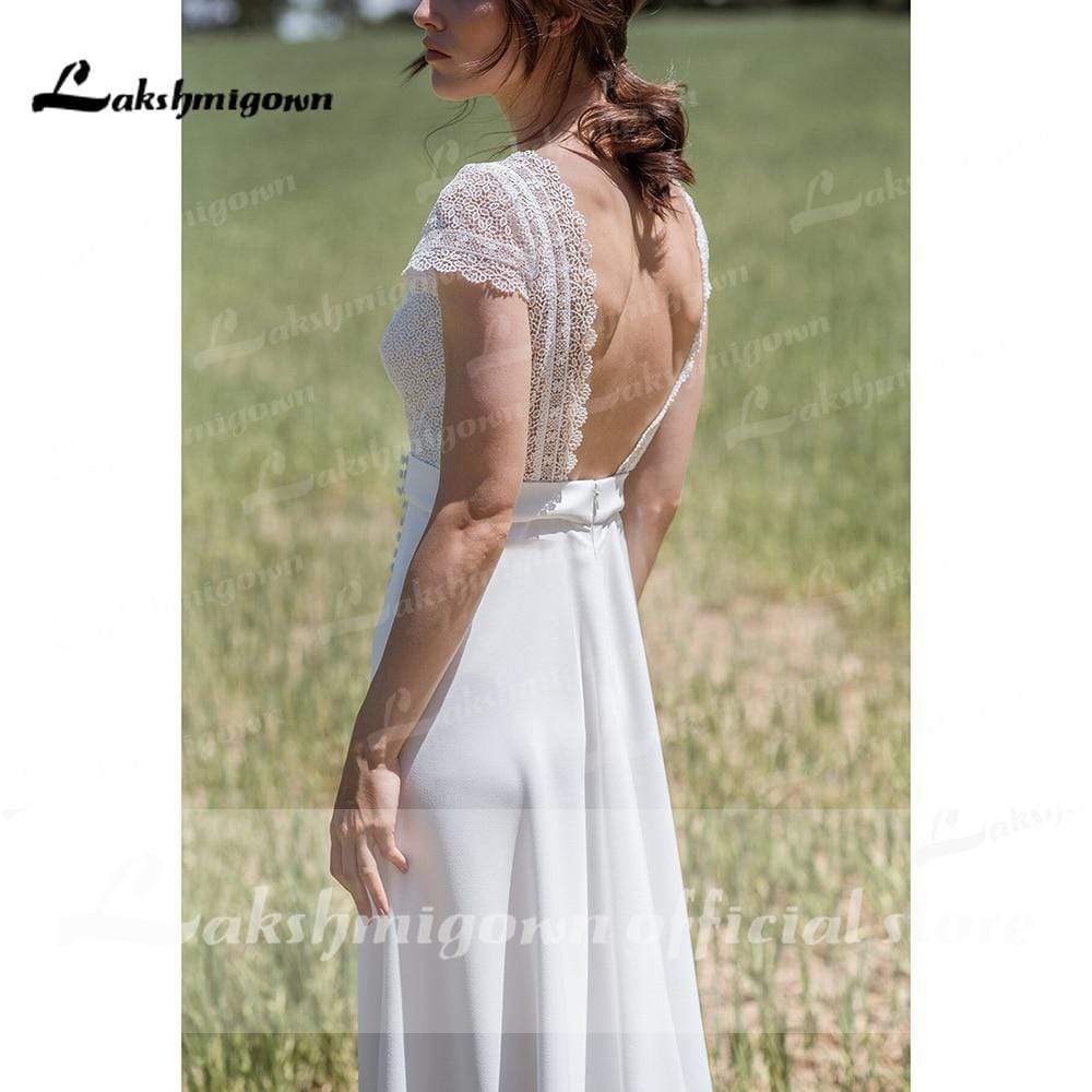 High Split Deep V Neck Lace Bocide Short Sleeve Buttons Wedding Dresses