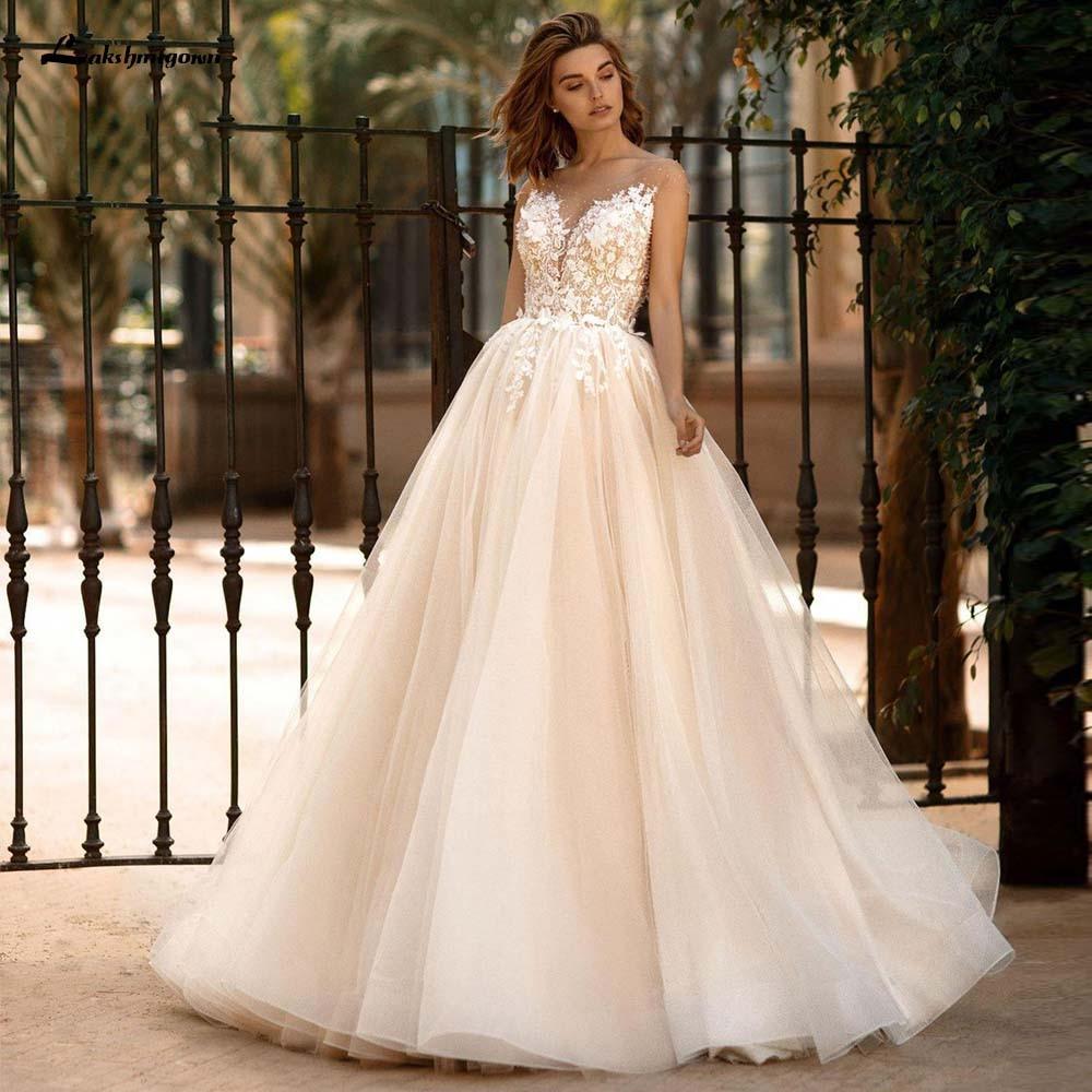 Illusion Scoop A Line Lace Wedding Dresses Appliques Beading - ROYCEBRIDAL OFFICIAL STORE