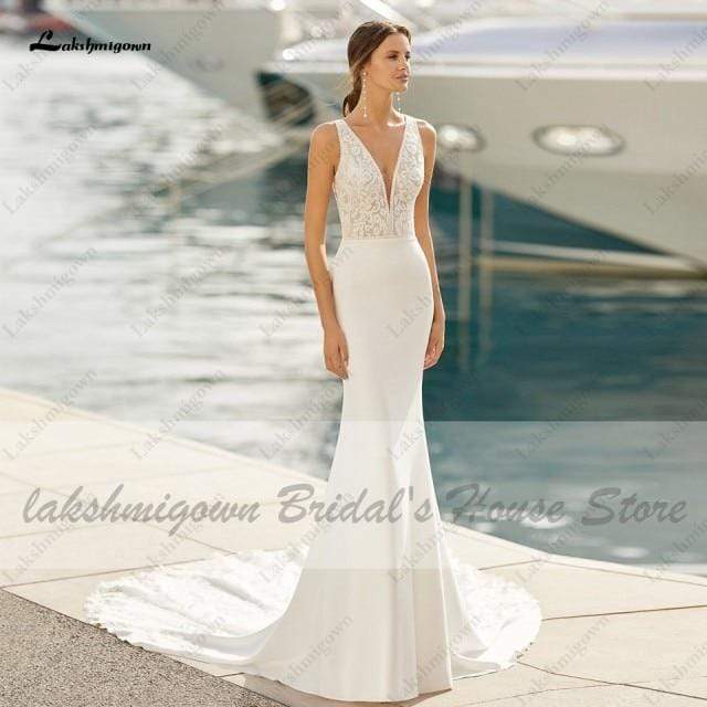 Vintage Mermaid Satin Wedding Gowns V-neck Open Back - ROYCEBRIDAL OFFICIAL STORE