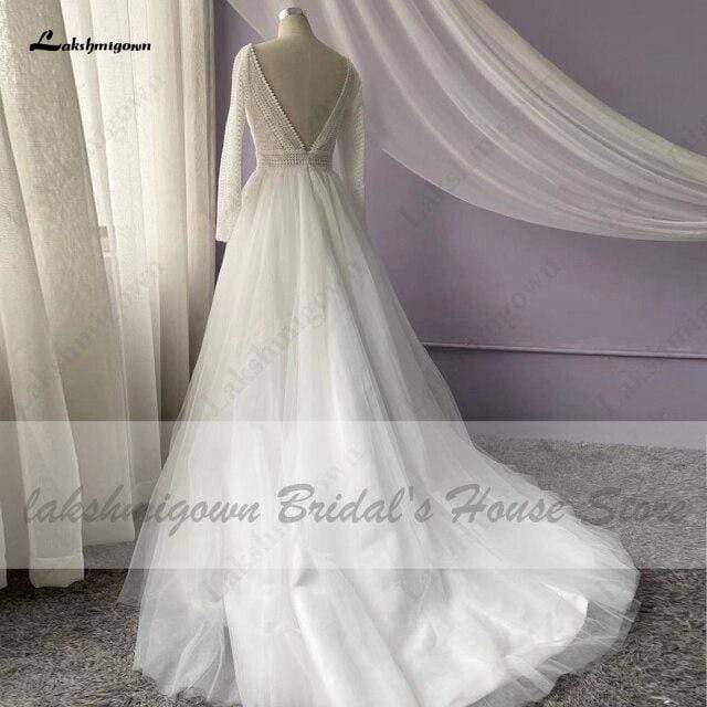 Lace Long Sleeve Wedding Dress Backless V Neck Long Sleeve - ROYCEBRIDAL OFFICIAL STORE