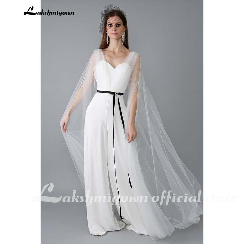 Ivory Chiffon Jumpsuits Wedding Dresses with cape