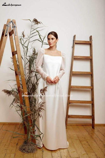 Ivory Lace Champagne Wedding Dress A Line - ROYCEBRIDAL OFFICIAL STORE