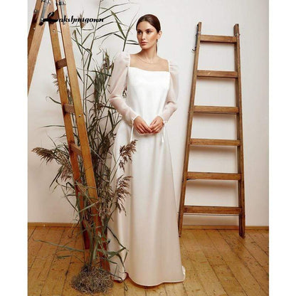Ivory Lace Champagne Wedding Dress A Line - ROYCEBRIDAL OFFICIAL STORE