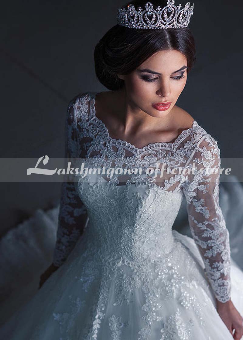 Ivory Lace Tulle Beaded Floor Length Wedding Dress