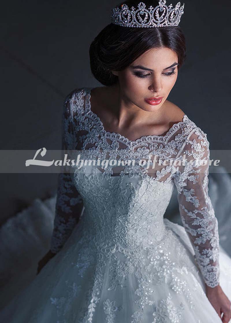 Ivory Lace Tulle Beaded Floor Length Wedding Dress - ROYCEBRIDAL OFFICIAL STORE