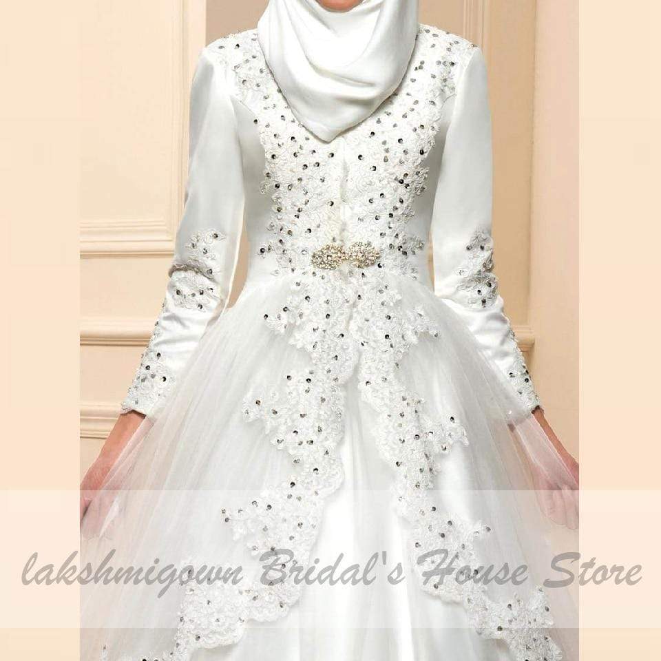 Ivory Muslim SatinTulle Wedding Dress Long Sleeves Lace Appliques - ROYCEBRIDAL OFFICIAL STORE
