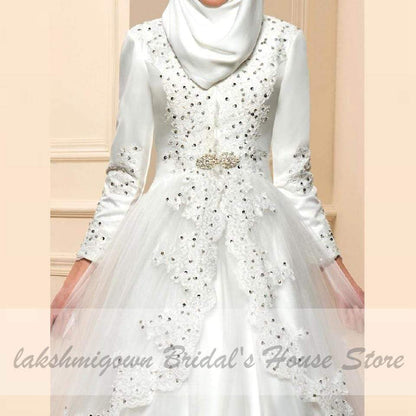 Ivory Muslim SatinTulle Wedding Dress Long Sleeves Lace Appliques - ROYCEBRIDAL OFFICIAL STORE