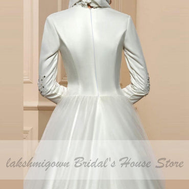 Ivory Muslim SatinTulle Wedding Dress Long Sleeves Lace Appliques - ROYCEBRIDAL OFFICIAL STORE
