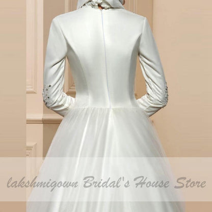 Ivory Muslim SatinTulle Wedding Dress Long Sleeves Lace Appliques - ROYCEBRIDAL OFFICIAL STORE