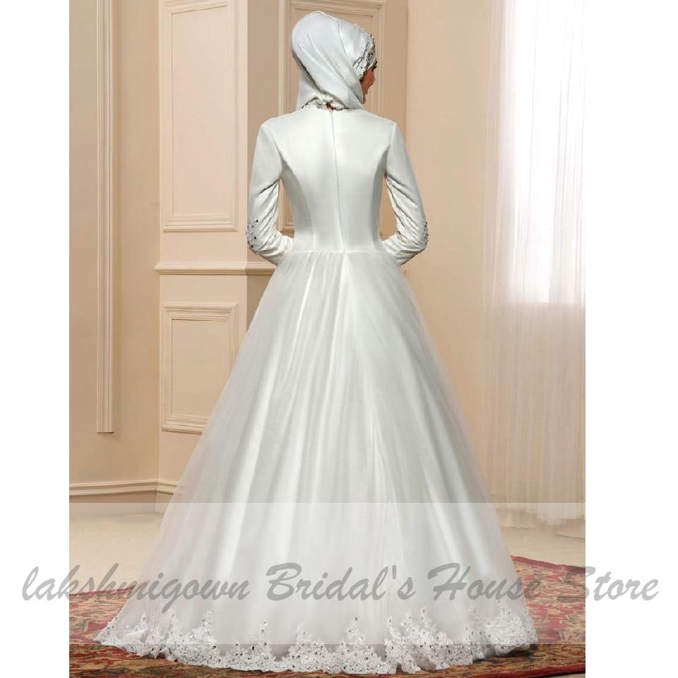 Ivory Muslim SatinTulle Wedding Dress Long Sleeves Lace Appliques - ROYCEBRIDAL OFFICIAL STORE