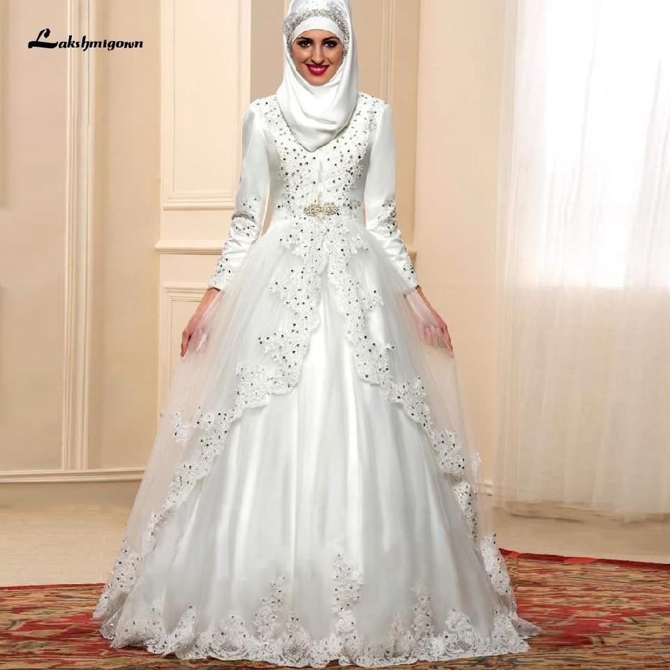 Ivory Muslim SatinTulle Wedding Dress Long Sleeves Lace Appliques - ROYCEBRIDAL OFFICIAL STORE