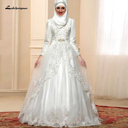 Ivory Muslim SatinTulle Wedding Dress Long Sleeves Lace Appliques - ROYCEBRIDAL OFFICIAL STORE
