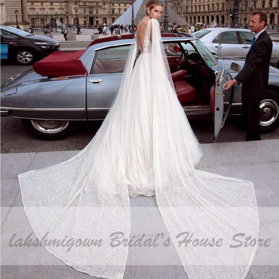 Ivory Tulle Wedding Dress Long Cape V Neck