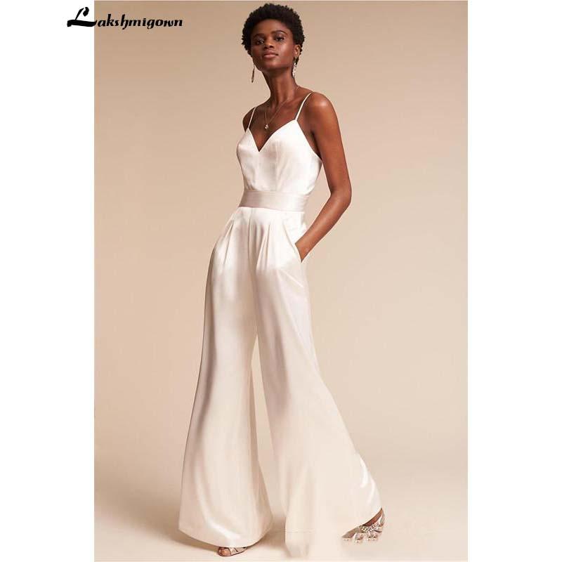 Jumpsuit wedding Dresses with Pockets ad Spaghetti Neck