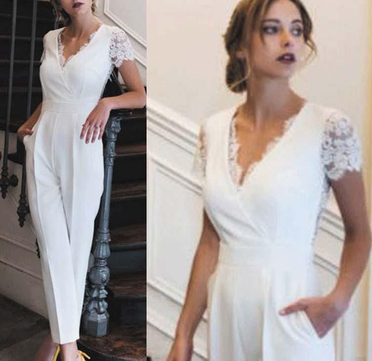 Lace Applique Jumpsuits V Neck Elegant Ivory Wedding Dresses