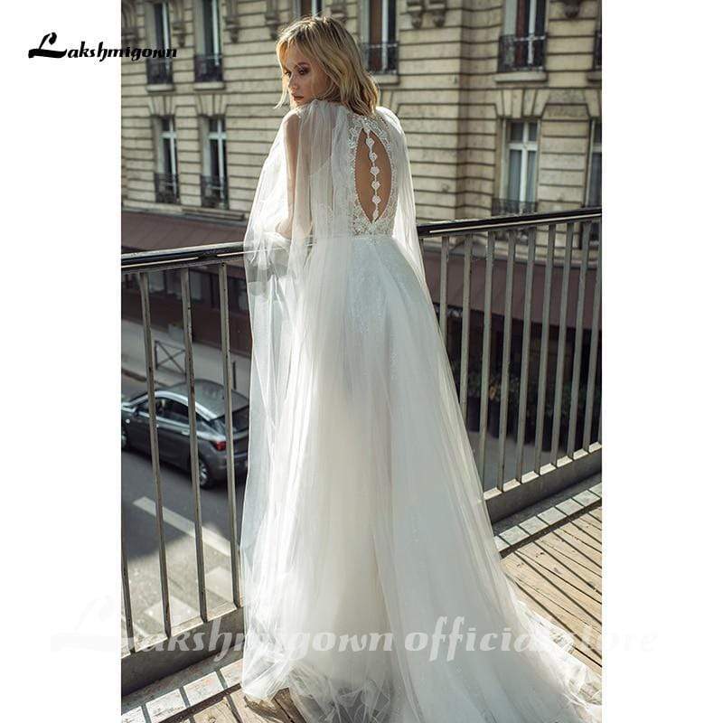 Lace Boho Wedding Dress with Cape Boat Neck Bridal Gown