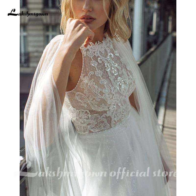 Lace Boho Wedding Dress with Cape Boat Neck Bridal Gown