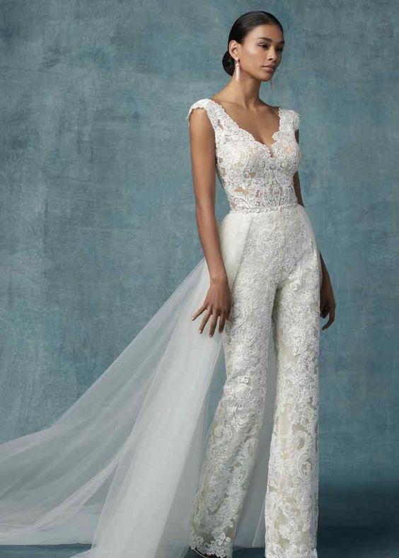 Illusion Lace Bodice Wedding Jumpsuit Satin Pants With Overskirt – TulleLux  Bridal Crowns & Accessories
