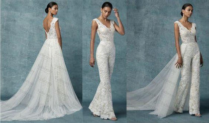 Lace Bridal jumpsuit Wedding pants dress Appliques Lace - ROYCEBRIDAL OFFICIAL STORE