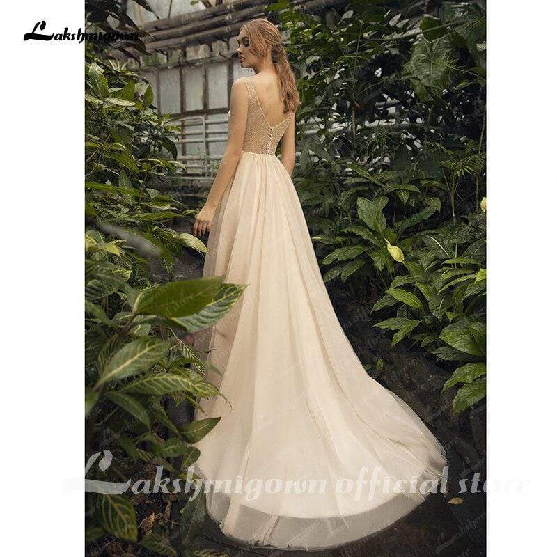 Lace Champagne Wedding Dresses Lace Appliques - ROYCEBRIDAL OFFICIAL STORE