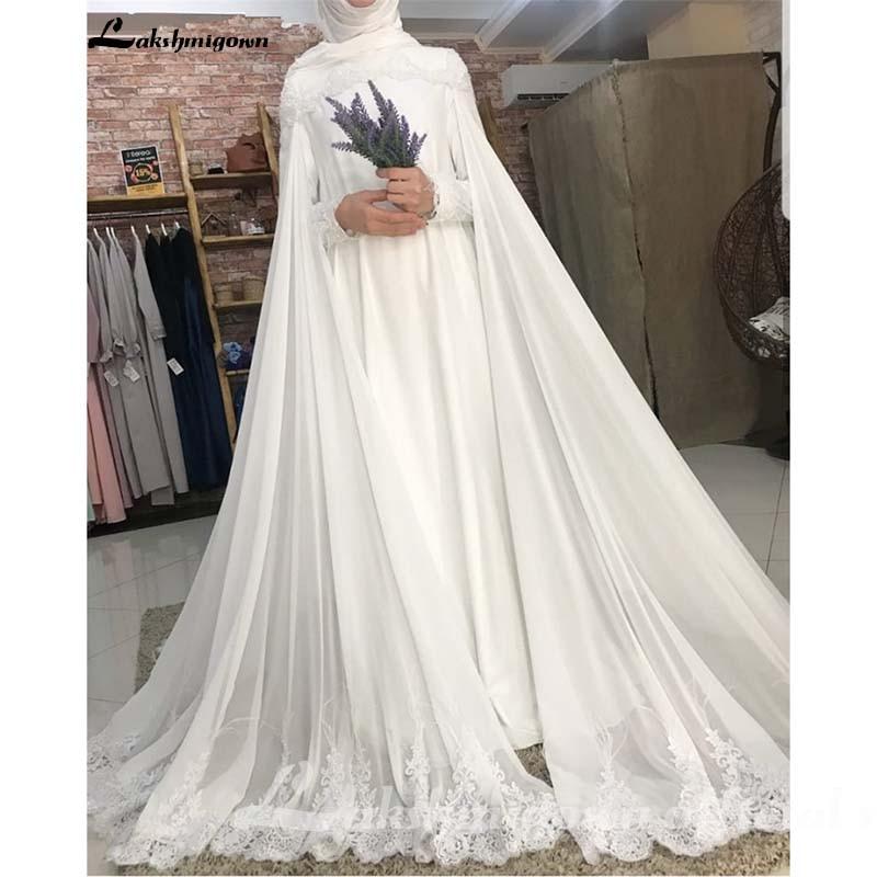 Lace Chiffon Wedding Dress Scoop Neck Sweep Train Long Sleeve