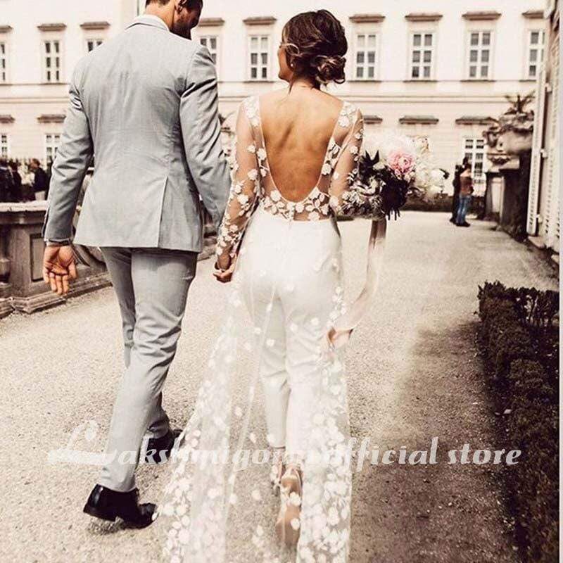 Lace Floral Wedding Jumpsuit With Train Jewel Neck Long Sleeve - ROYCEBRIDAL OFFICIAL STORE