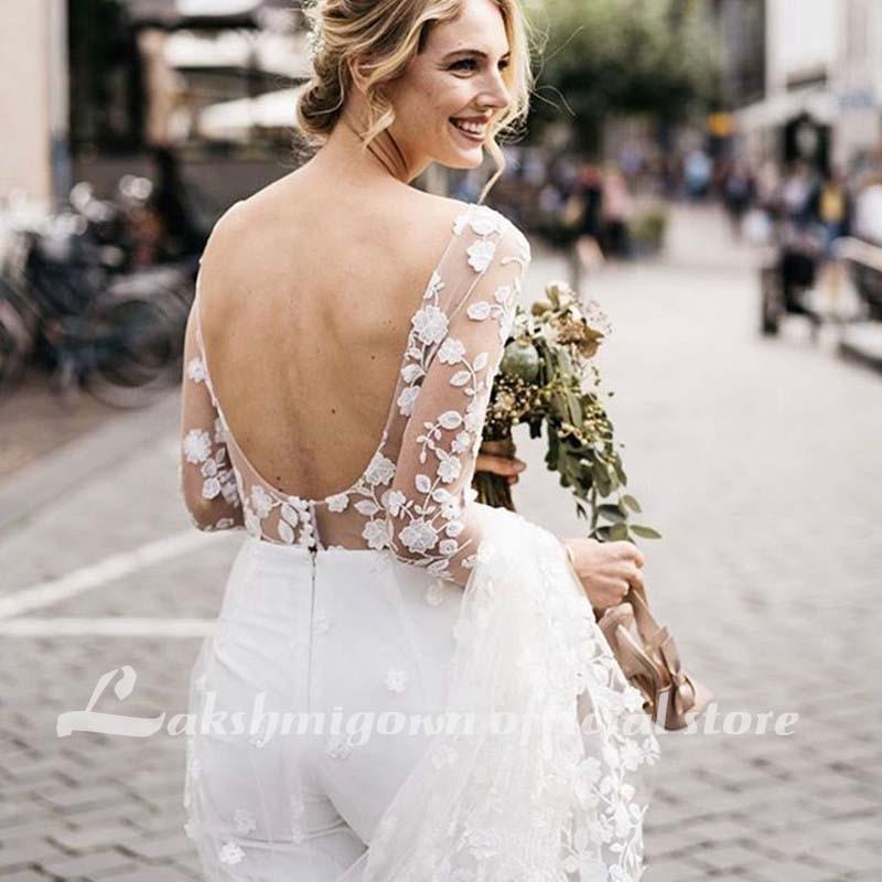 Lace Floral Wedding Jumpsuit With Train Jewel Neck Long Sleeve