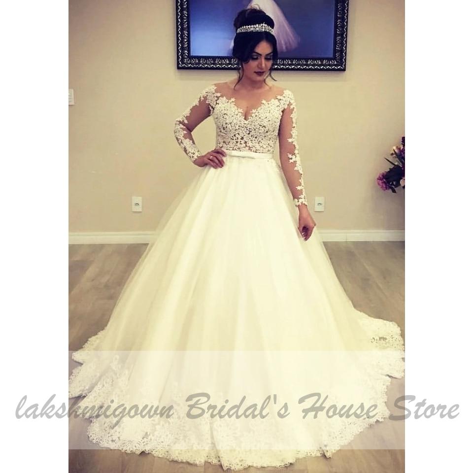 Lace Long Sleeves Wedding Gowns with Appliqued Train