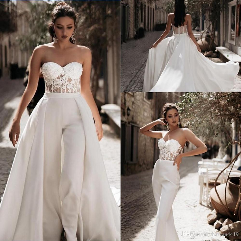 Elegant Short Jumpsuit Wedding Dress Stain Long Sweep Train Sexy One Bow  Shoulder Waisted Backless Bridal Gown Vestido De Noiva