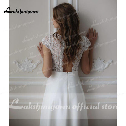 Lace O Neck Simple Floor Length Wedding Dresses - ROYCEBRIDAL OFFICIAL STORE