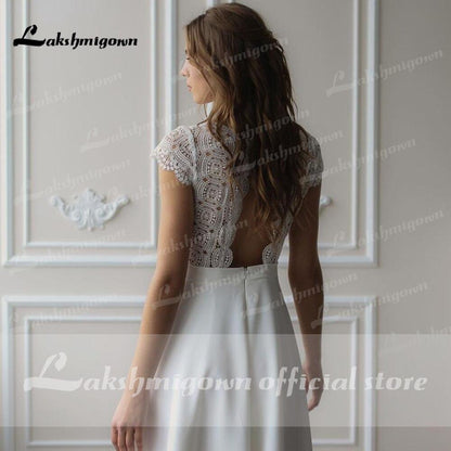 Lace O Neck Simple Floor Length Wedding Dresses - ROYCEBRIDAL OFFICIAL STORE