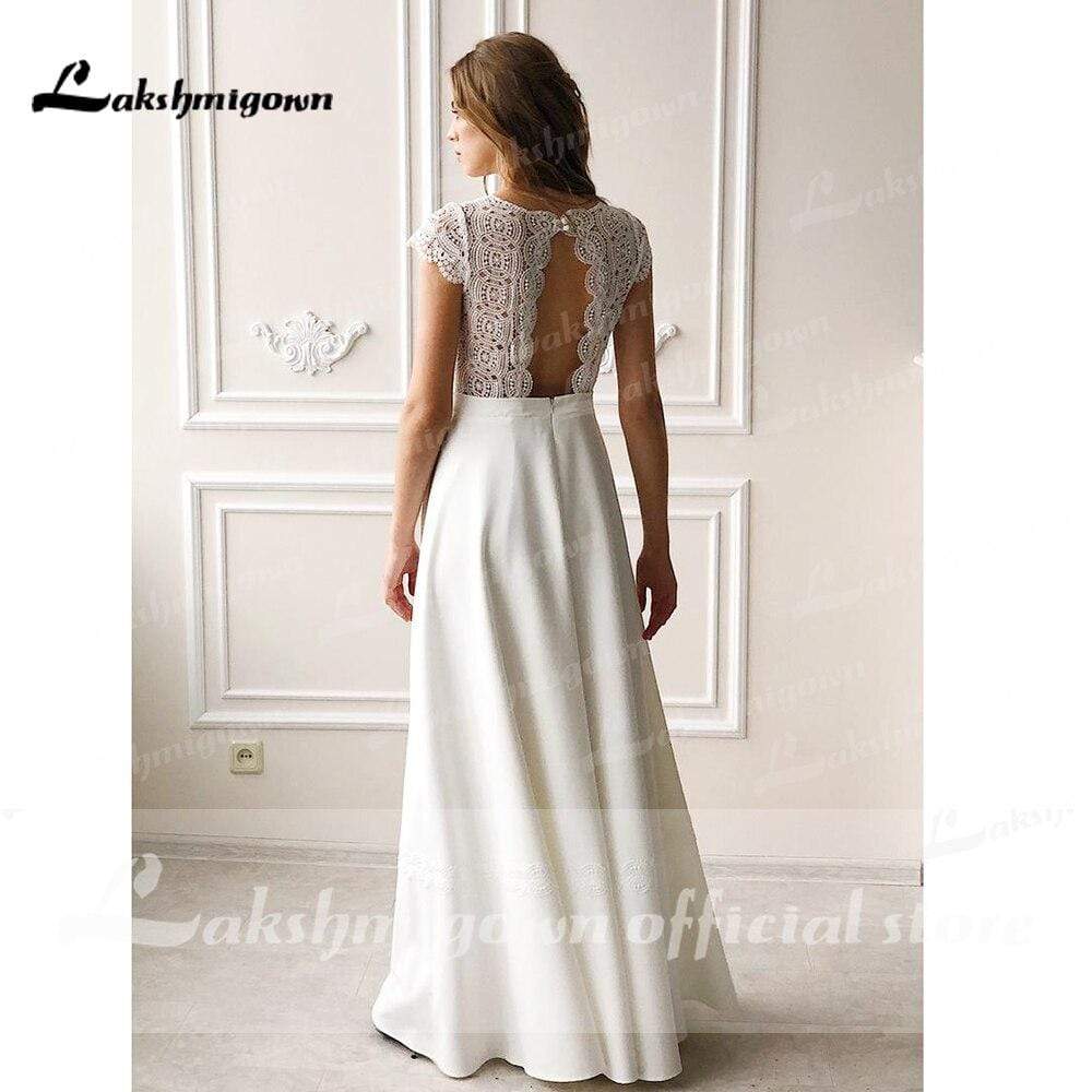 Lace O Neck Simple Floor Length Wedding Dresses - ROYCEBRIDAL OFFICIAL STORE