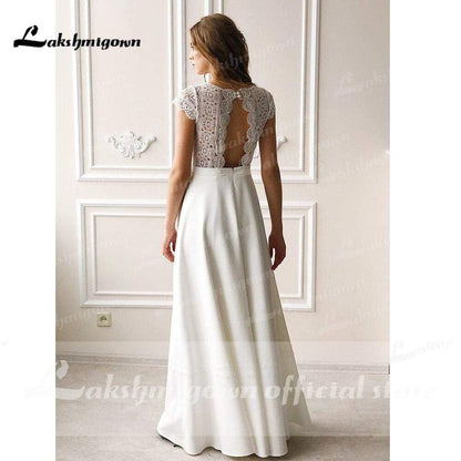 Lace O Neck Simple Floor Length Wedding Dresses - ROYCEBRIDAL OFFICIAL STORE