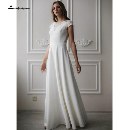 Lace O Neck Simple Floor Length Wedding Dresses - ROYCEBRIDAL OFFICIAL STORE