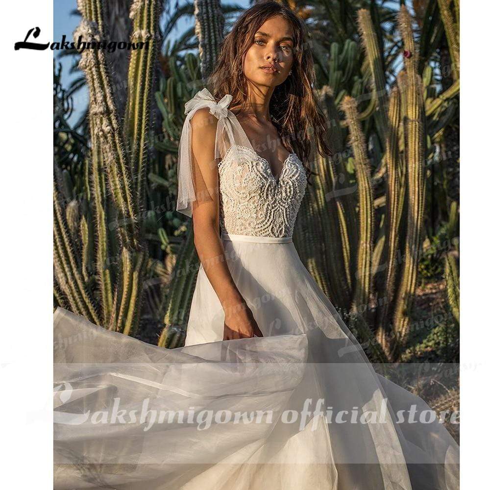 Lace Organza V Neck boho Wedding Dresses A Line - ROYCEBRIDAL OFFICIAL STORE