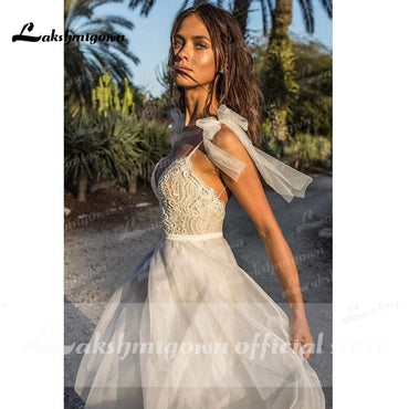 Lace Organza V Neck boho Wedding Dresses A Line - ROYCEBRIDAL OFFICIAL STORE